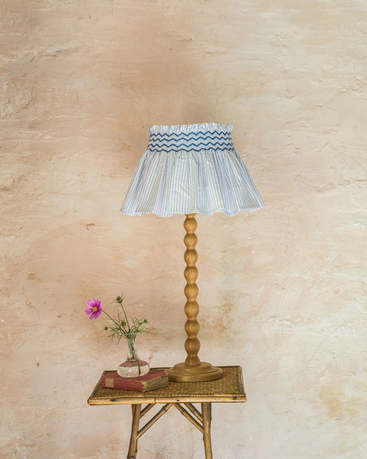 Edit58 x Smock London Elsie Lampshade Spotted Blue Stripe with Sapphire Hand Smocking