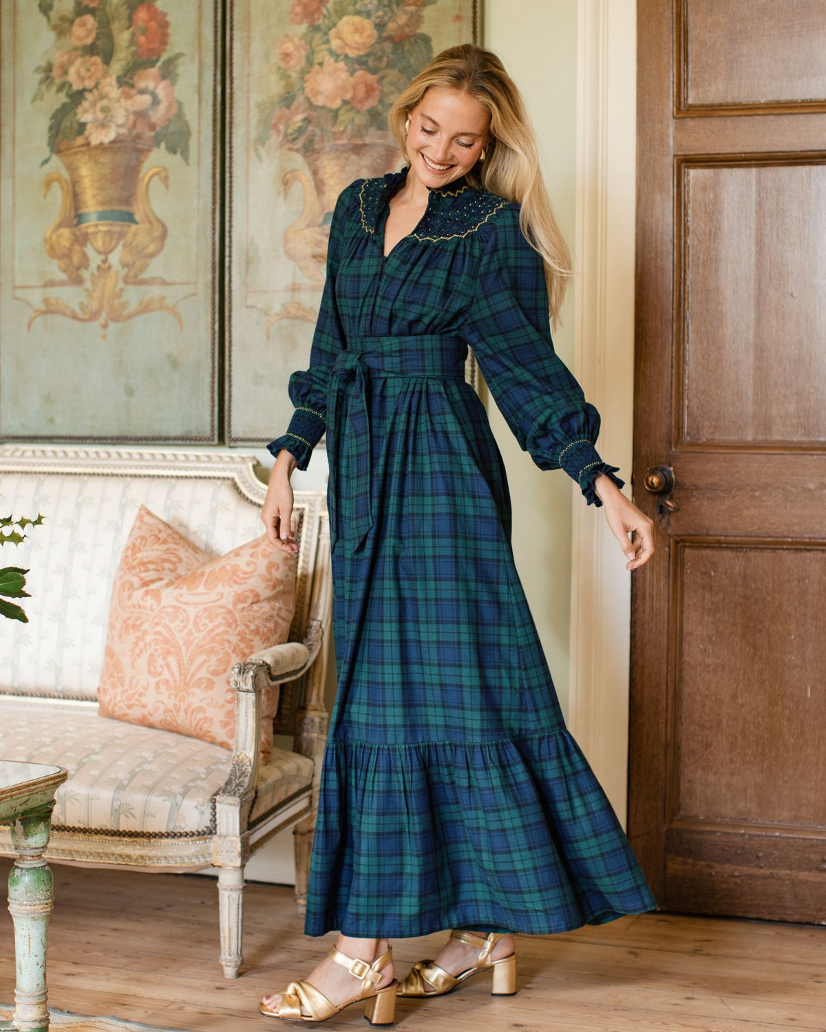 Colette Women's Dress Black Watch Tartan with Royal Blue Hand Smocking