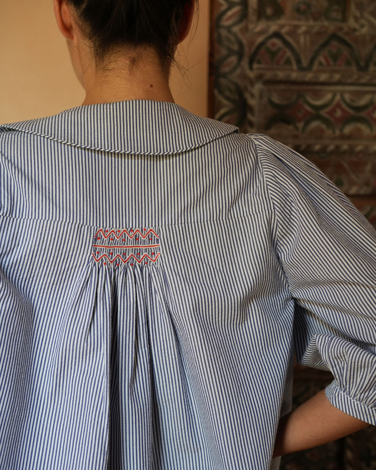 Marie Curie Blouse Nautical Stripe Seersucker with Red and White Hand Smocking