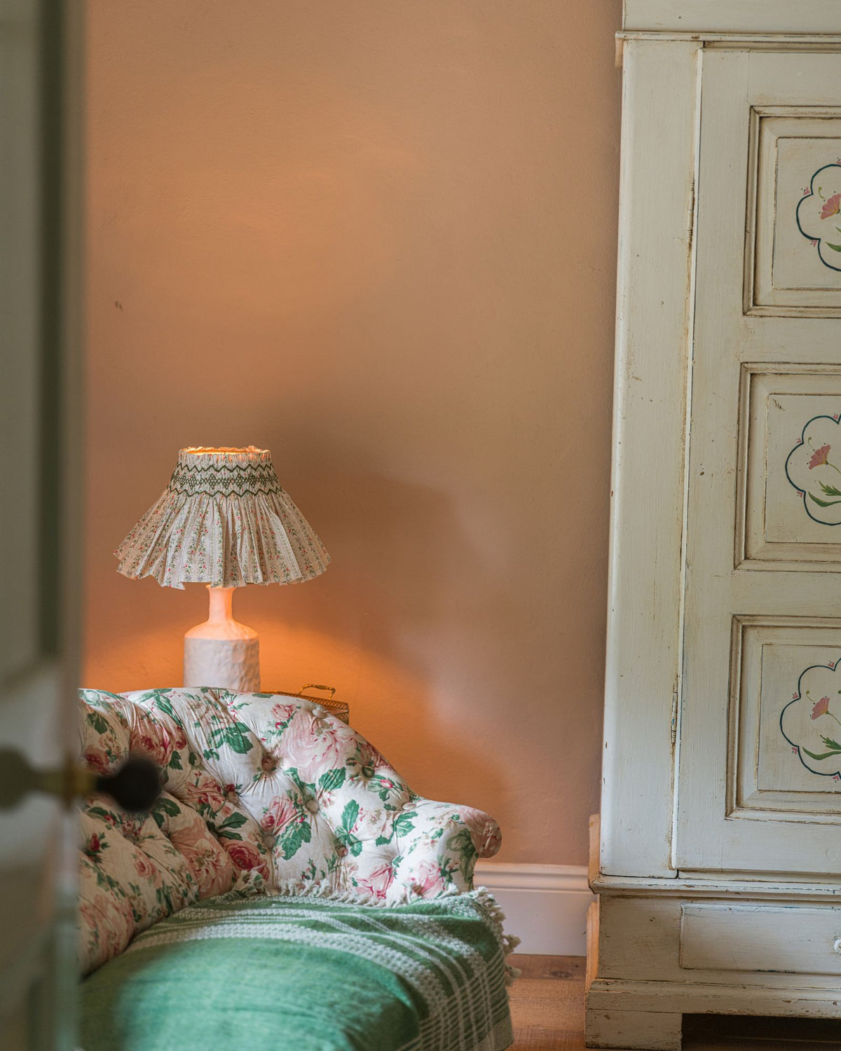 Edit58 x Smock London Elsie Lampshade Secret Garden Trellis with Sage Hand Smocking