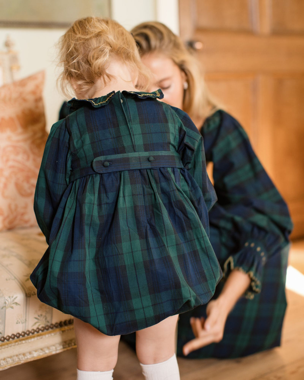 Jane Austen Romper Blackwatch Tartan with Midnight Star Hand Smocking