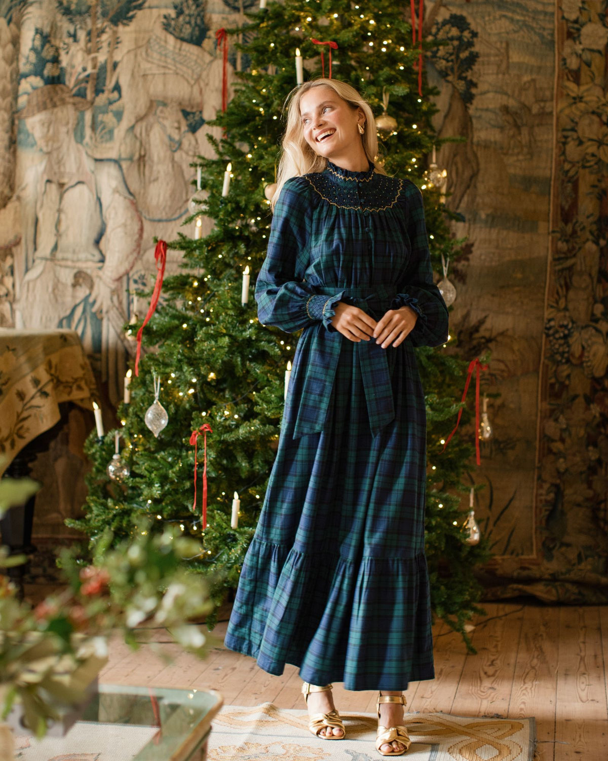 Colette Women's Dress Black Watch Tartan with Royal Blue Hand Smocking