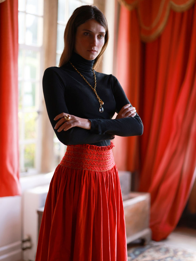 Sullivan Women's Skirt Crimson Needlecord with Gold Coin Hand Smocking