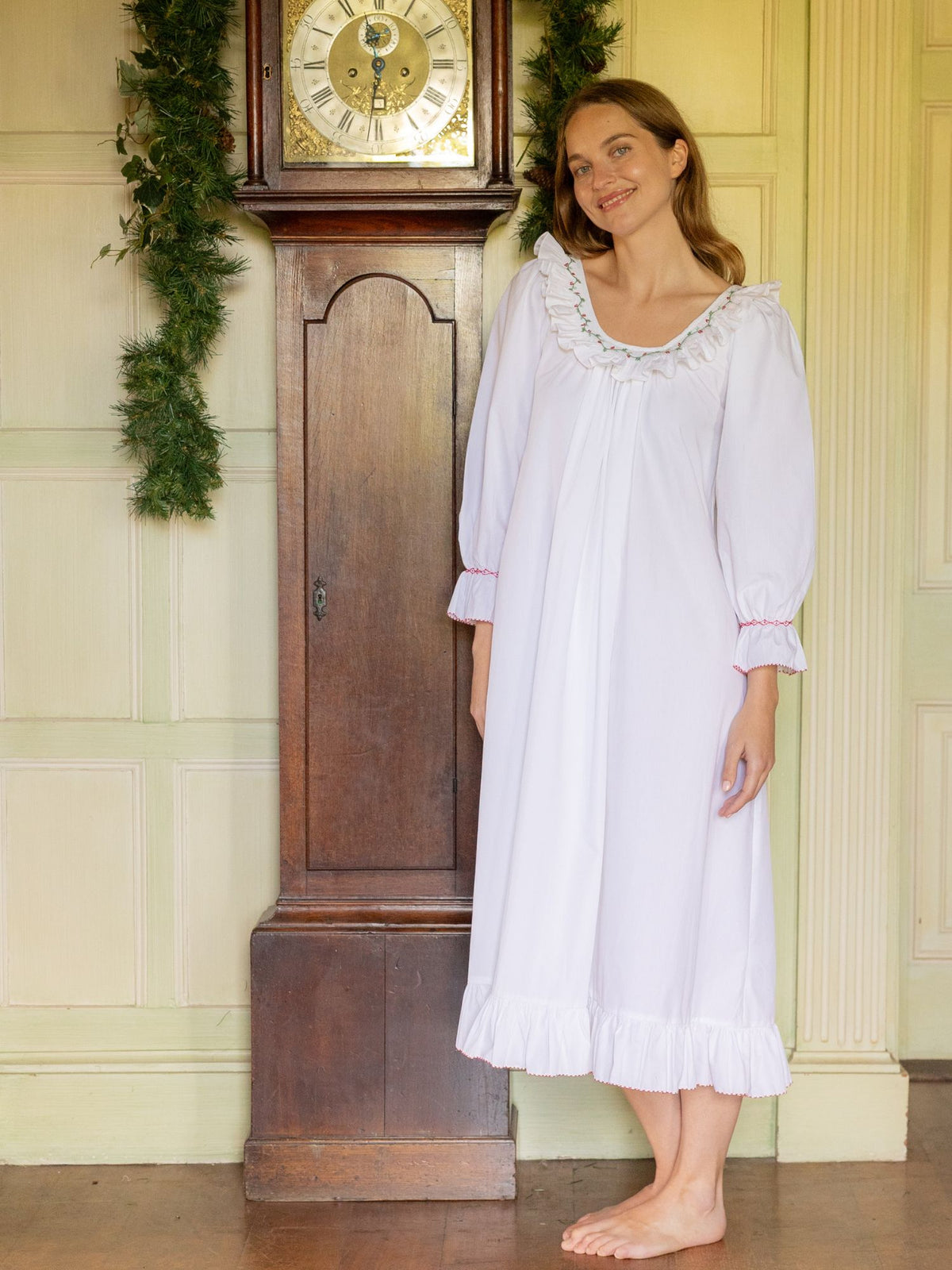 S/M Cassat Women's Dress Moonstone Cotton with Holly Hand Smocking