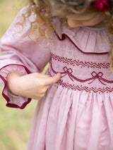 Katherine Johnson Dress Dusty Rose Linen with Mulberry Bow Hand Smocking