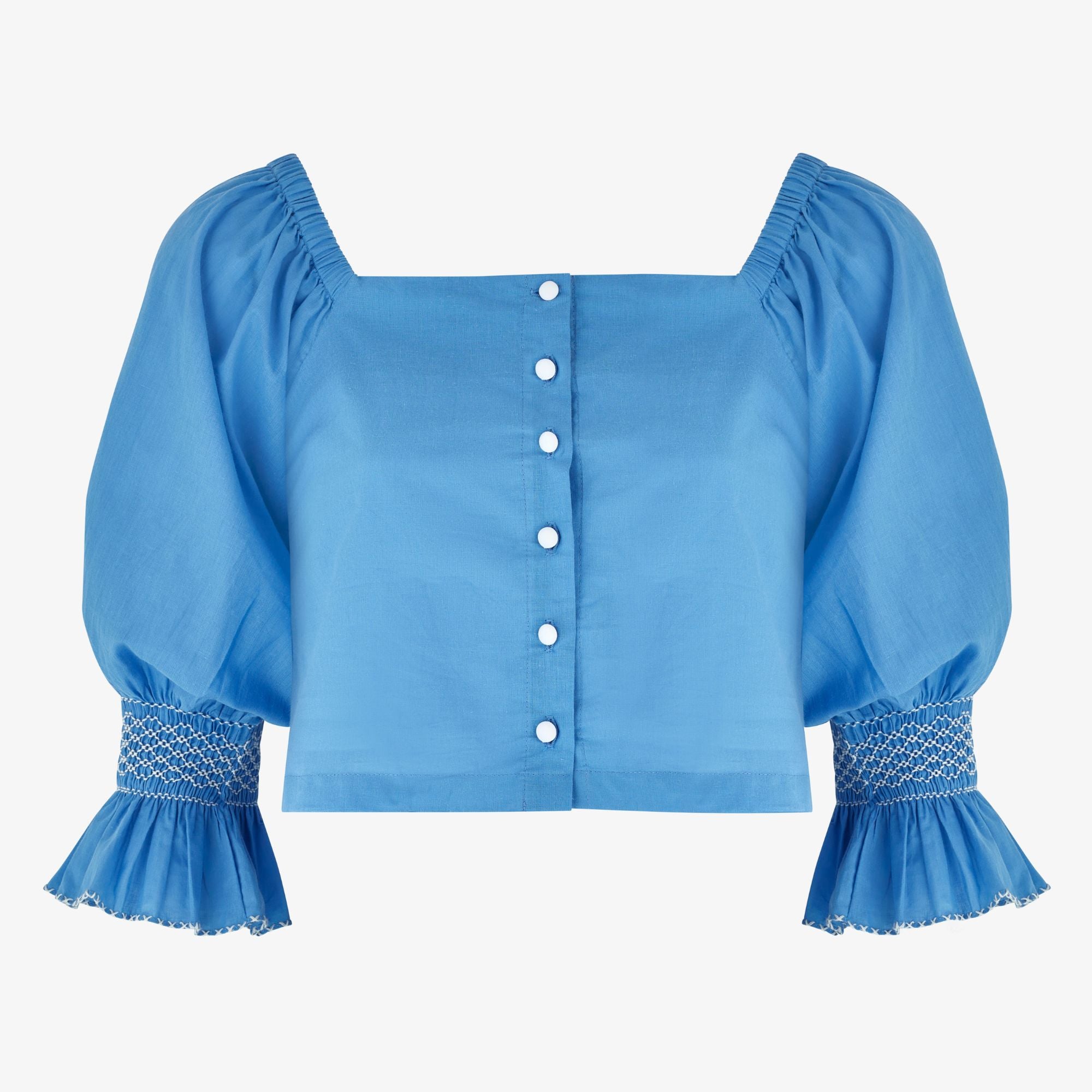 Sappho Blouse Lapis Lazuli Cotton with Seagull Hand Smocking