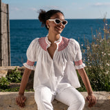 Scholl Women's Summer Blouse White with Pillar Box Red Hand Smocking