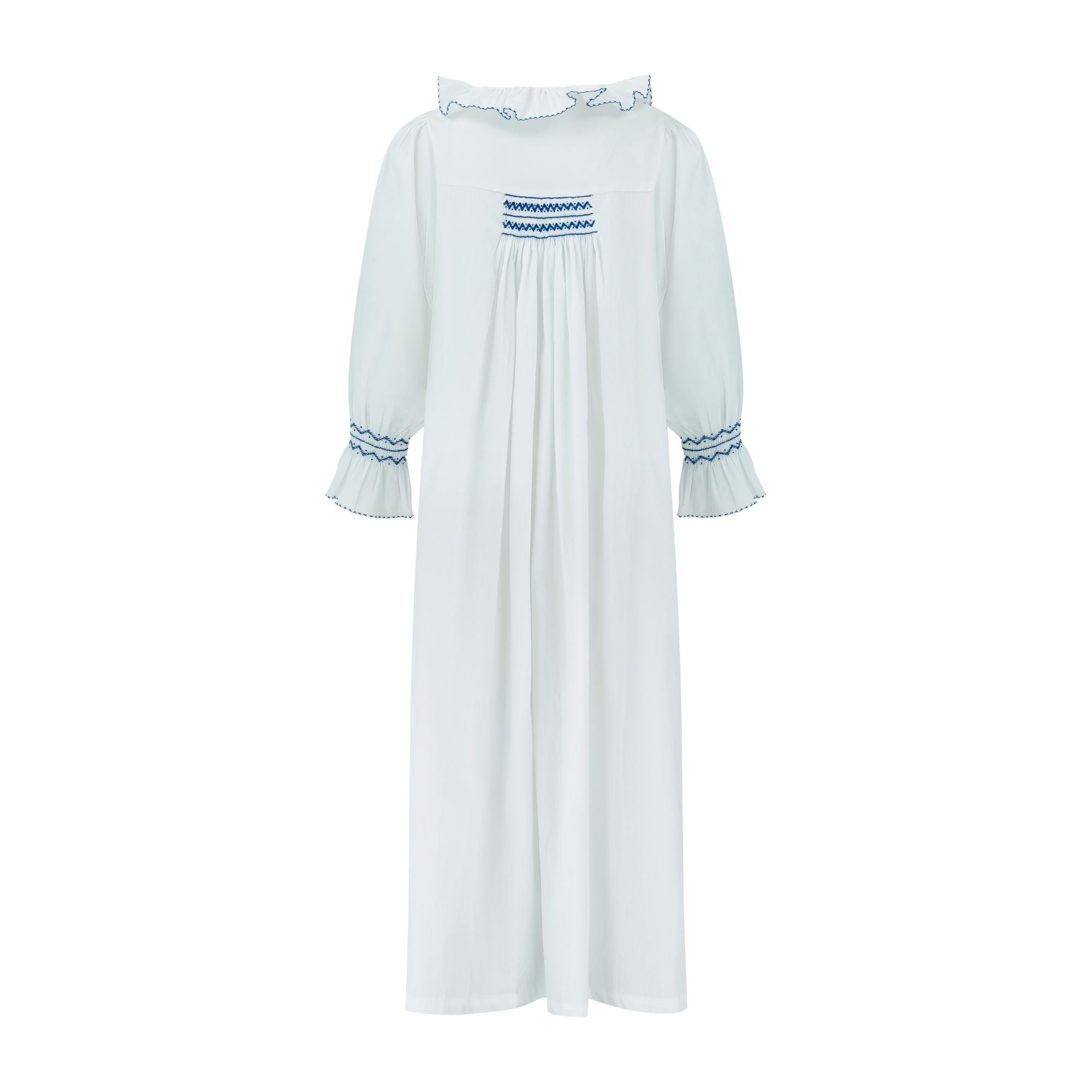 S/M Bessie Coleman Women's Dress Moonstone Cotton with Sapphire Hand Smocking
