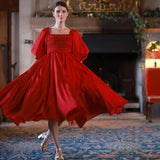 Ella Fitzgerald Women's Dress Crimson Silk-Cotton with Sleigh Bell Hand Smocking