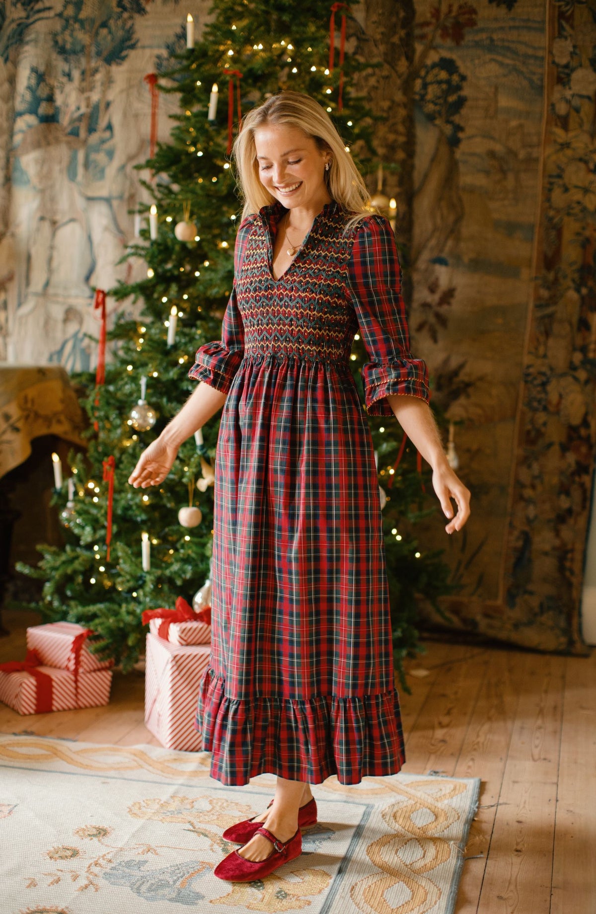 Emmeline Pankhurst Dress McDonald Tartan with Green and Glitter Hand Smocking