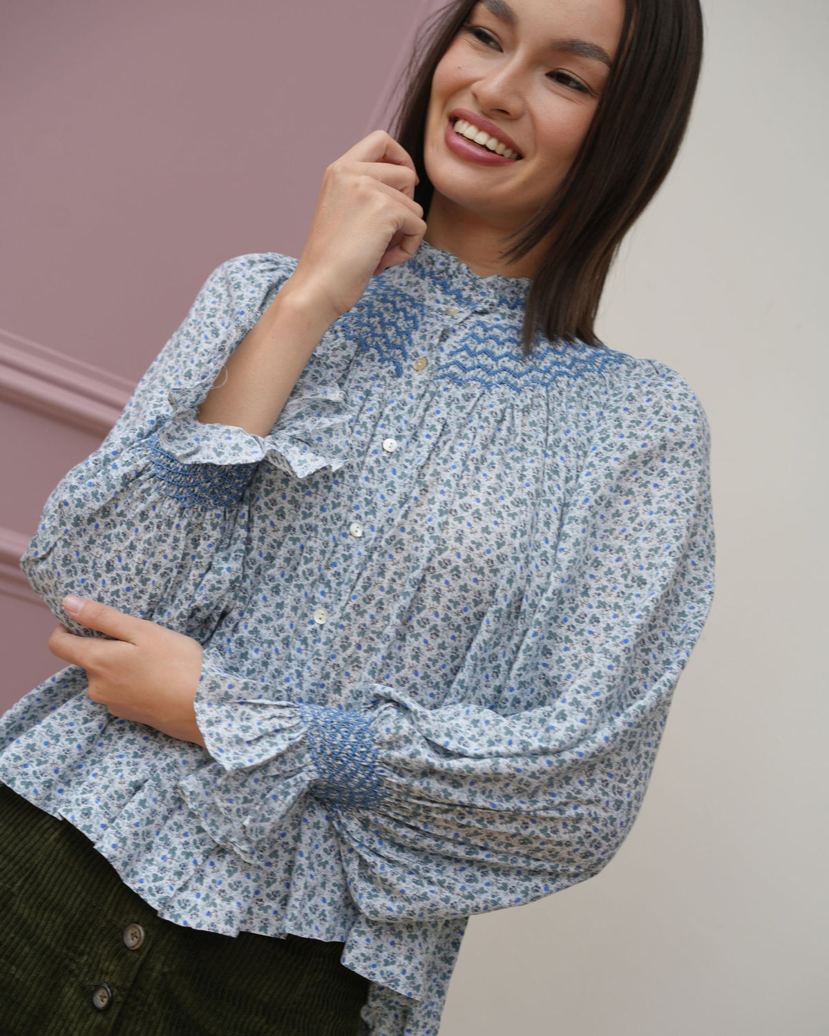 Scholl Blouse Cornflower Meadow Cotton Lawn with Periwinkle Hand Smocking Edition 78