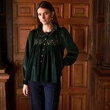 Betsy Fry Blouse Pine Tree Needlecord with Nordic Sparkle Hand Smocking