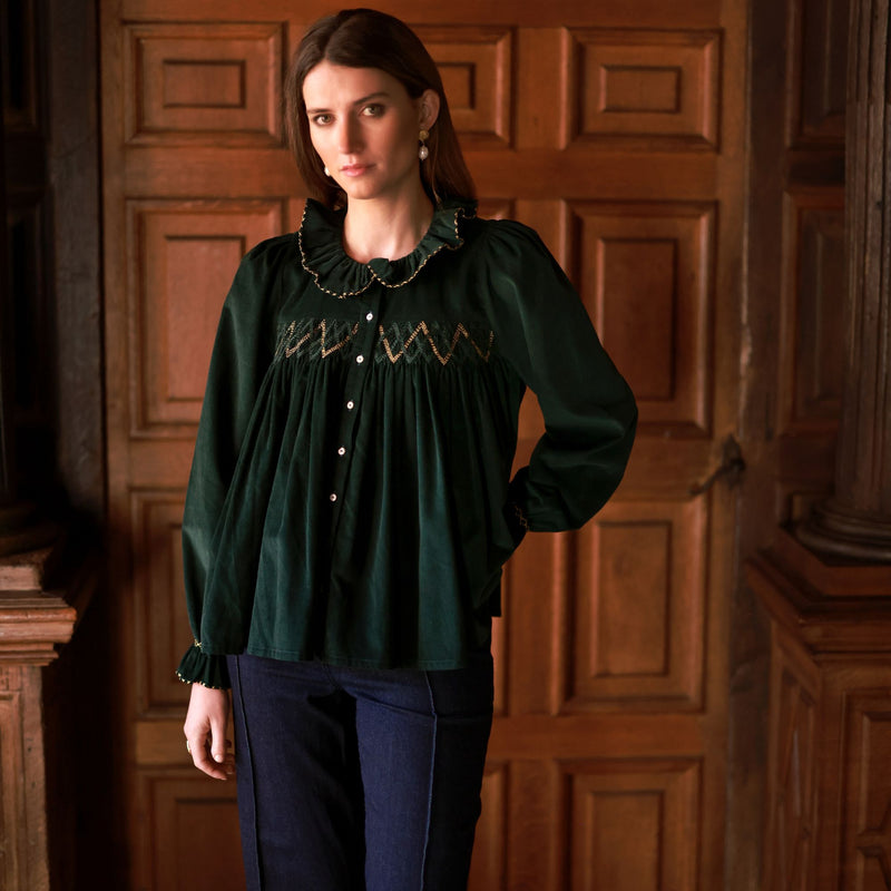 Betsy Fry Blouse Pine Tree Needlecord with Nordic Sparkle Hand Smocking