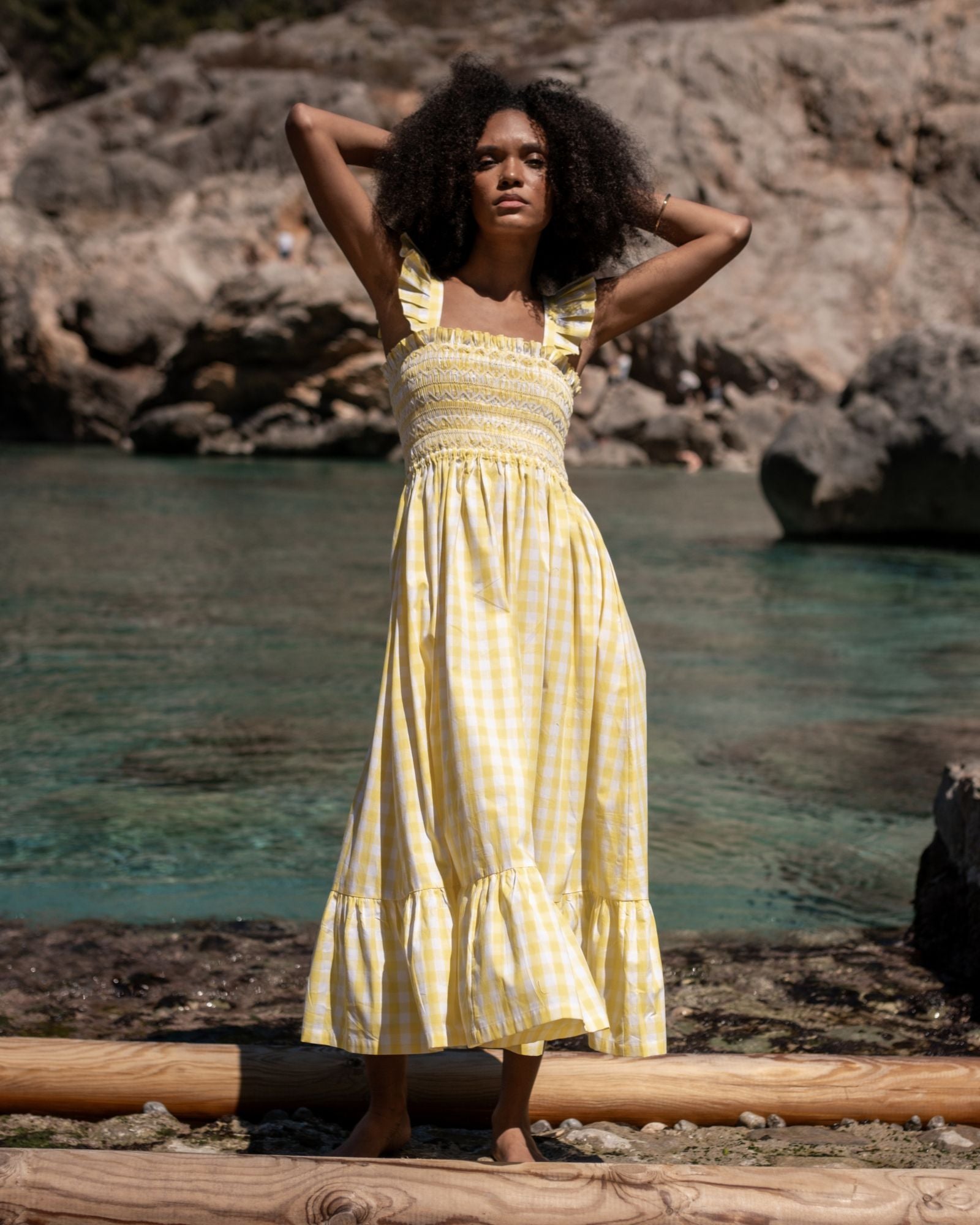 Rachel Carson Dress Positano Check with Ice White Hand Smocking