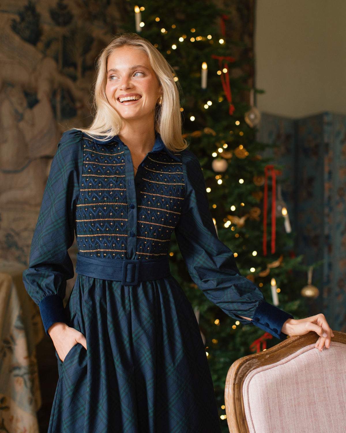 Woodhull Dress Kinross Tartan with Royal Navy Hand Smocking