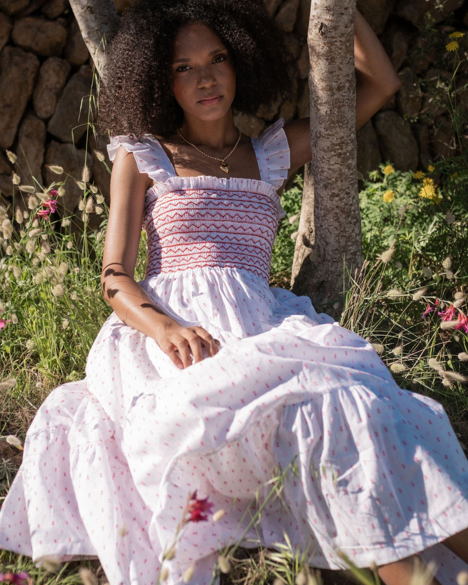 Rachel Carson Dress Cherry Pop Plumetti with Big Love Hand Smocking