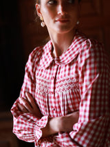Marie Curie Blouse Cranberry Check with Snow Berry Hand Smocking