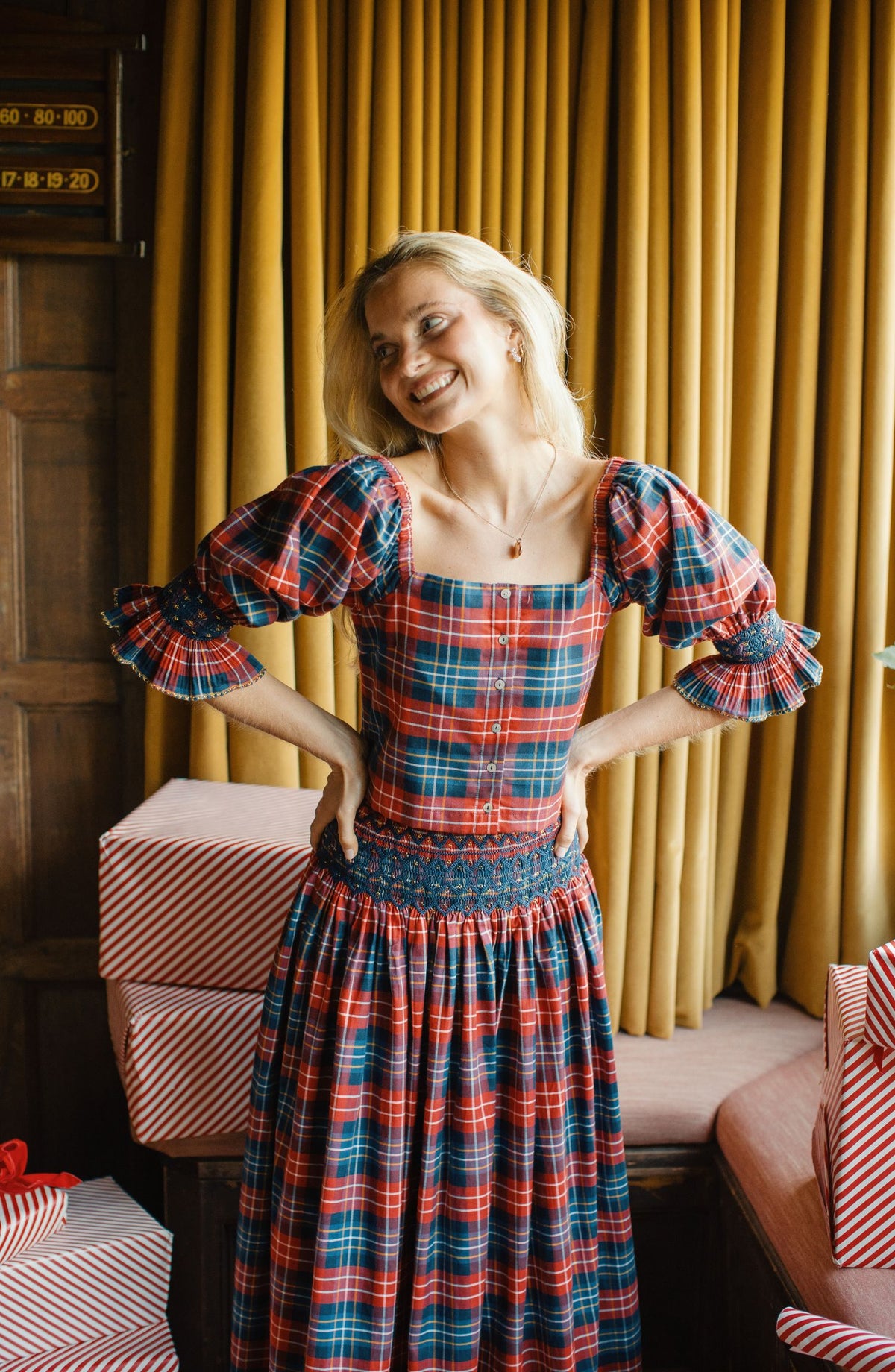 Sappho Blouse Wallace Tartan with Midnight Sparkle Hand Smocking