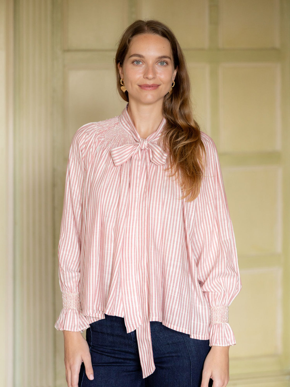 Small Burdett-Coutts Pussy Bow Blouse Cinnamon Stripe Cotton With Spiced Vanilla Smocking Edition 2
