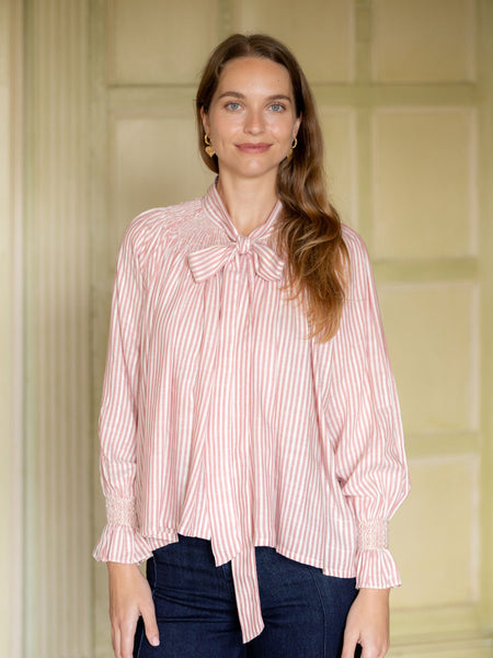 Burdett-Coutts Pussy Bow Blouse Cinnamon Stripe Cotton With Spiced