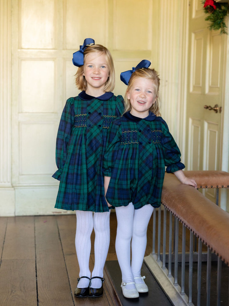 Margaret Thatcher Romper Black Watch Tartan with Golden Glimmer Hand Smocking