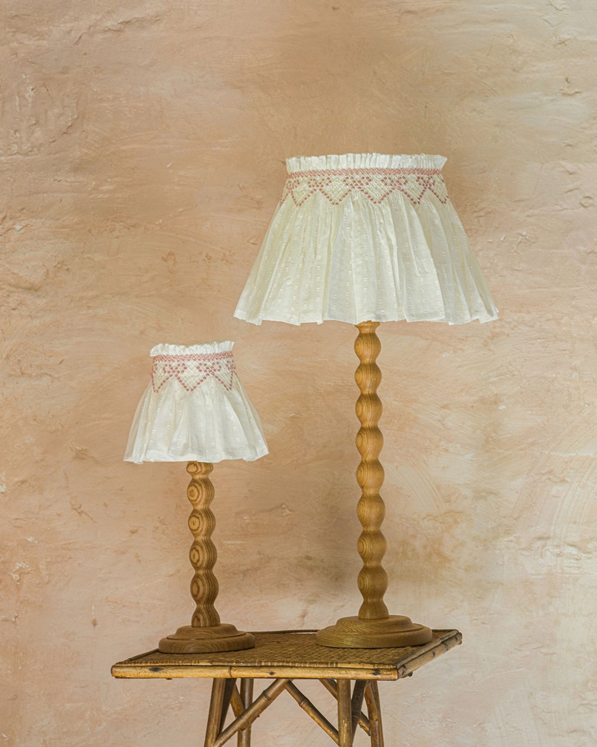 Edit58 x Smock London Elsie Lampshade White Spot Cotton with Rose Ribbons Hand Smocking