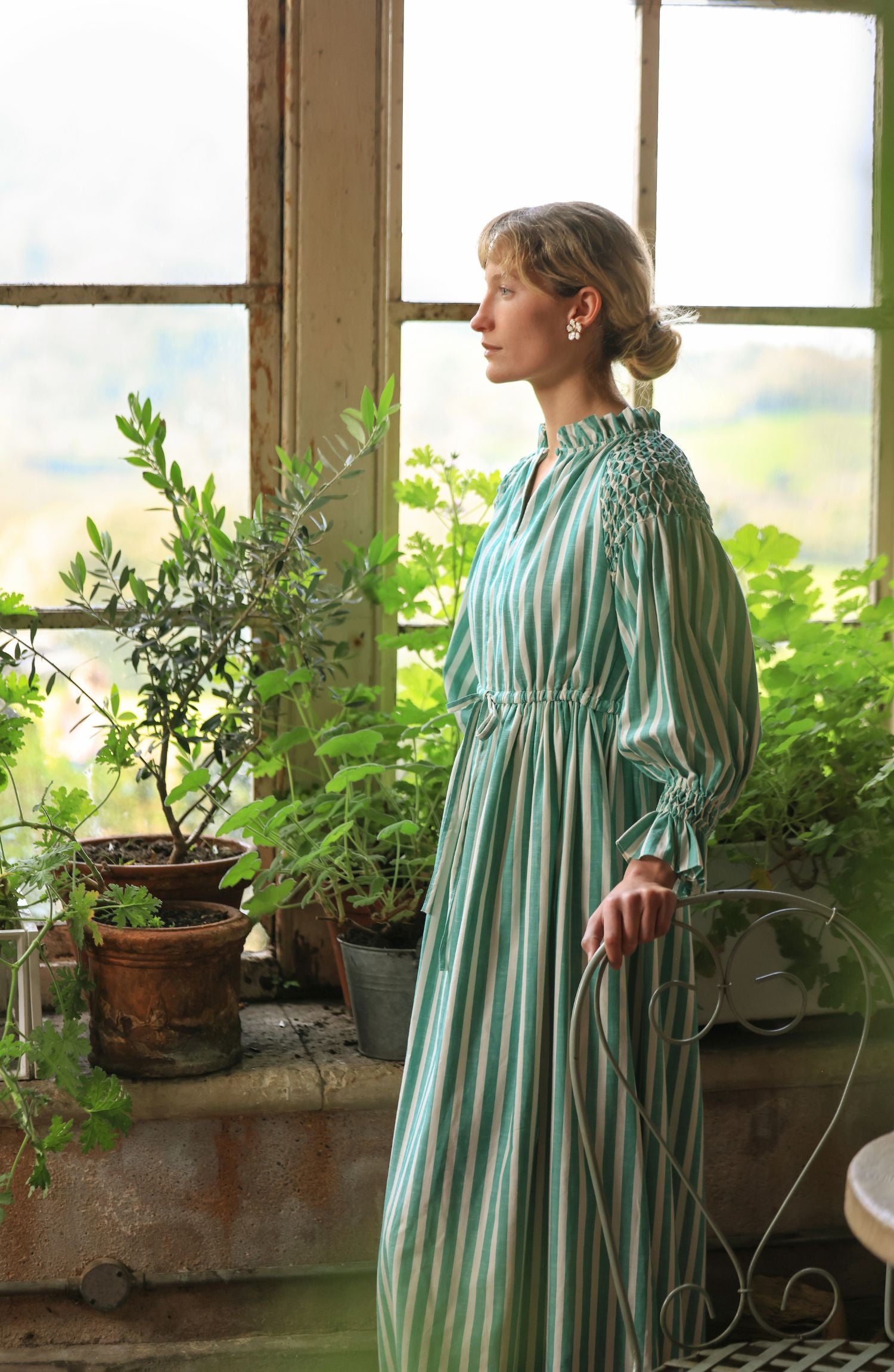 Aloha Wanderwell Dress Wimbledon Stripe with White Honeycomb Hand Smocking