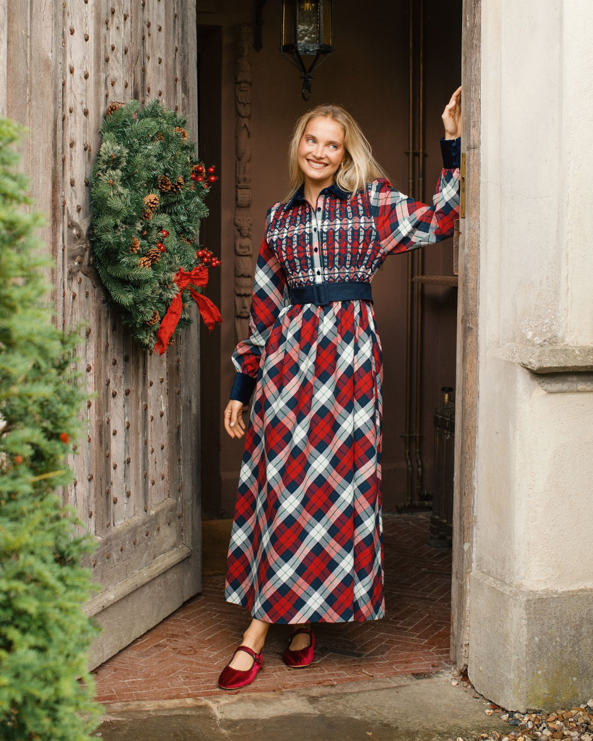 Woodhull Dress Macintyre Tartan with Navy and Red Hand Smocking