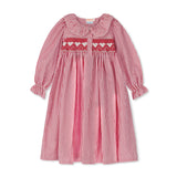 1-2 & 2-3y Samantha Varvel x Smock London Nightingale Girl's Dress Gingerbread Stripes with Snow Heart Hand Smocking