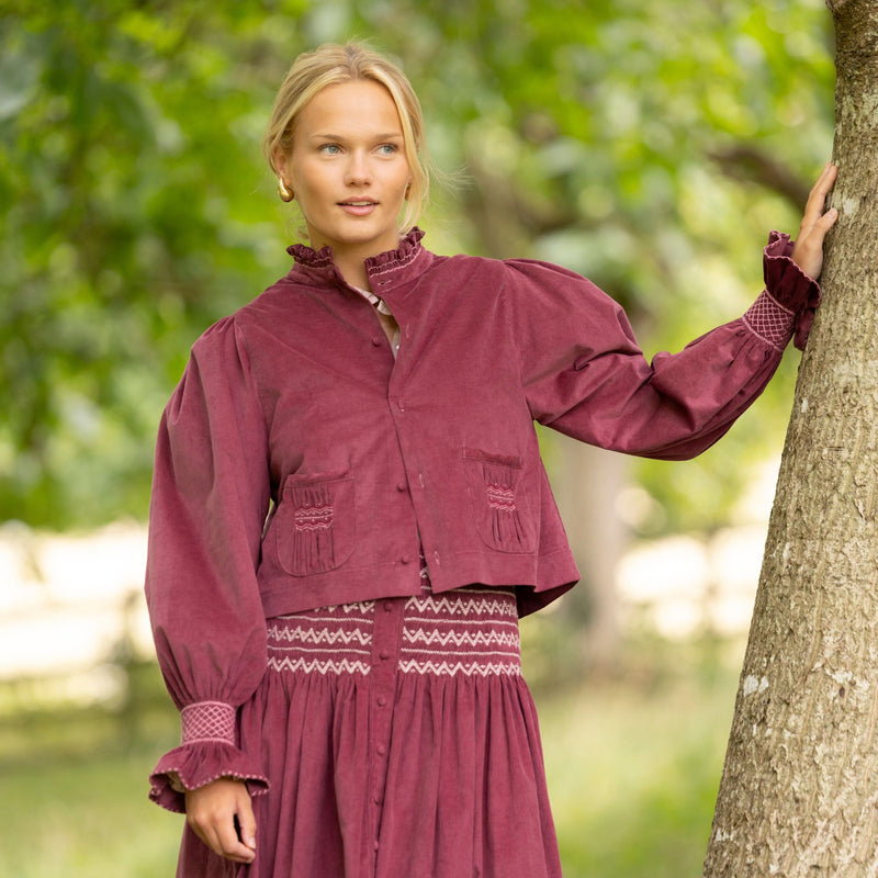 Bobbi Gibb Jacket Mulberry Needlecord with Blackberry Crumble Hand Smocking