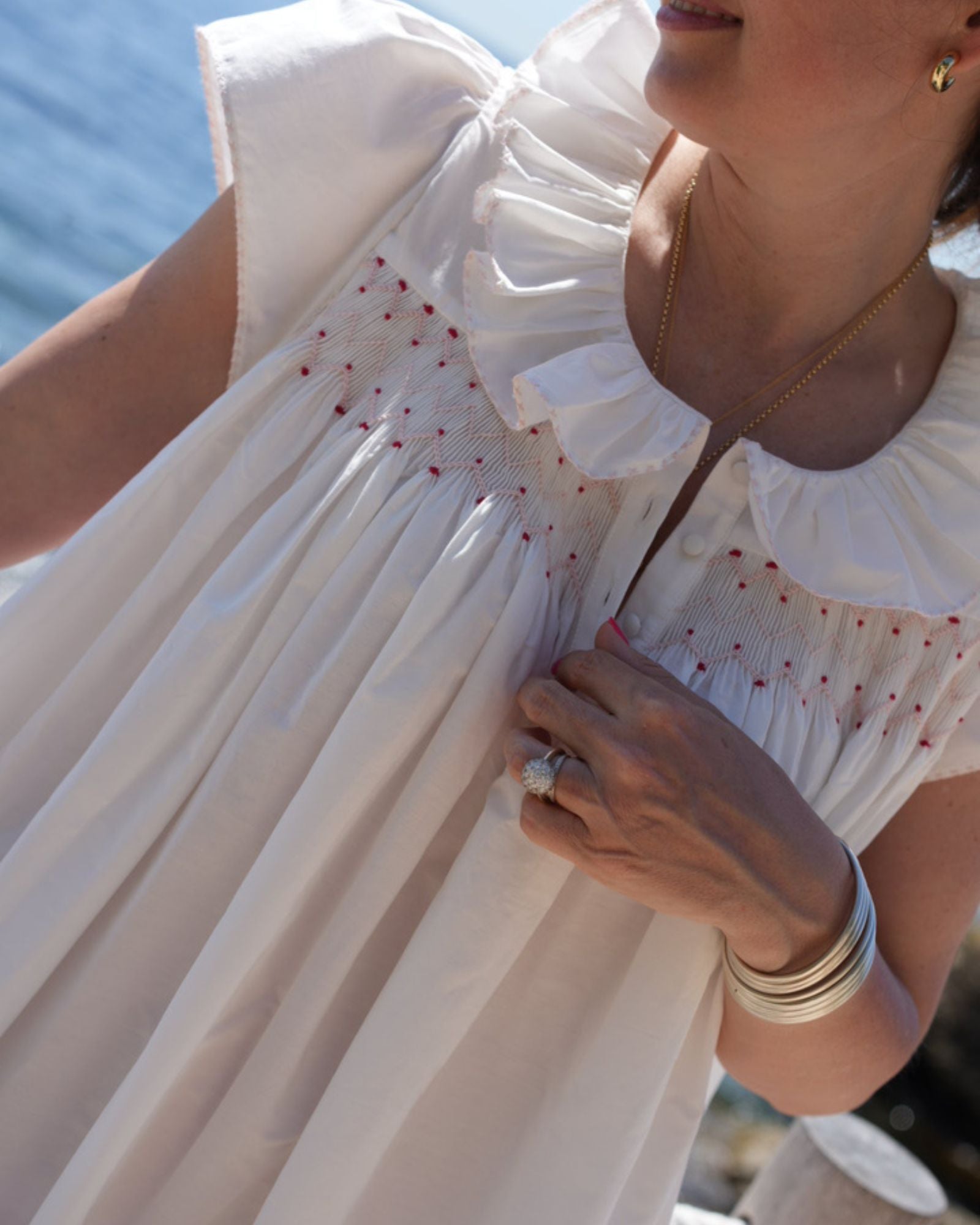 Nightingale Women's Short Sleeve Dress with Spotted Zig Zag Hand Smocking