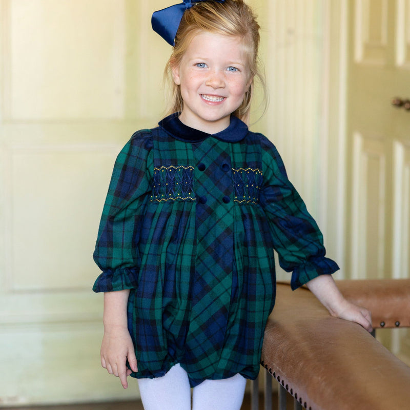 Margaret Thatcher Romper Black Watch Tartan with Golden Glimmer Hand Smocking