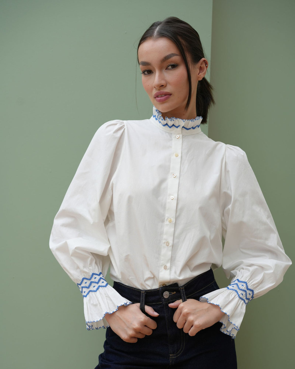 Shelley Blouse White Cotton with Sapphire Hand Smocking