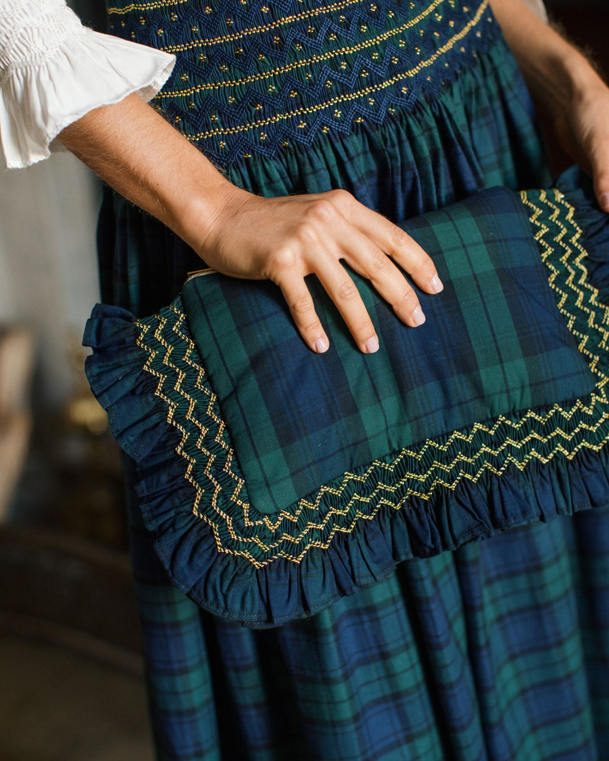 The Dolly Clutch Black Watch Tartan with Midnight Star Hand Smocking