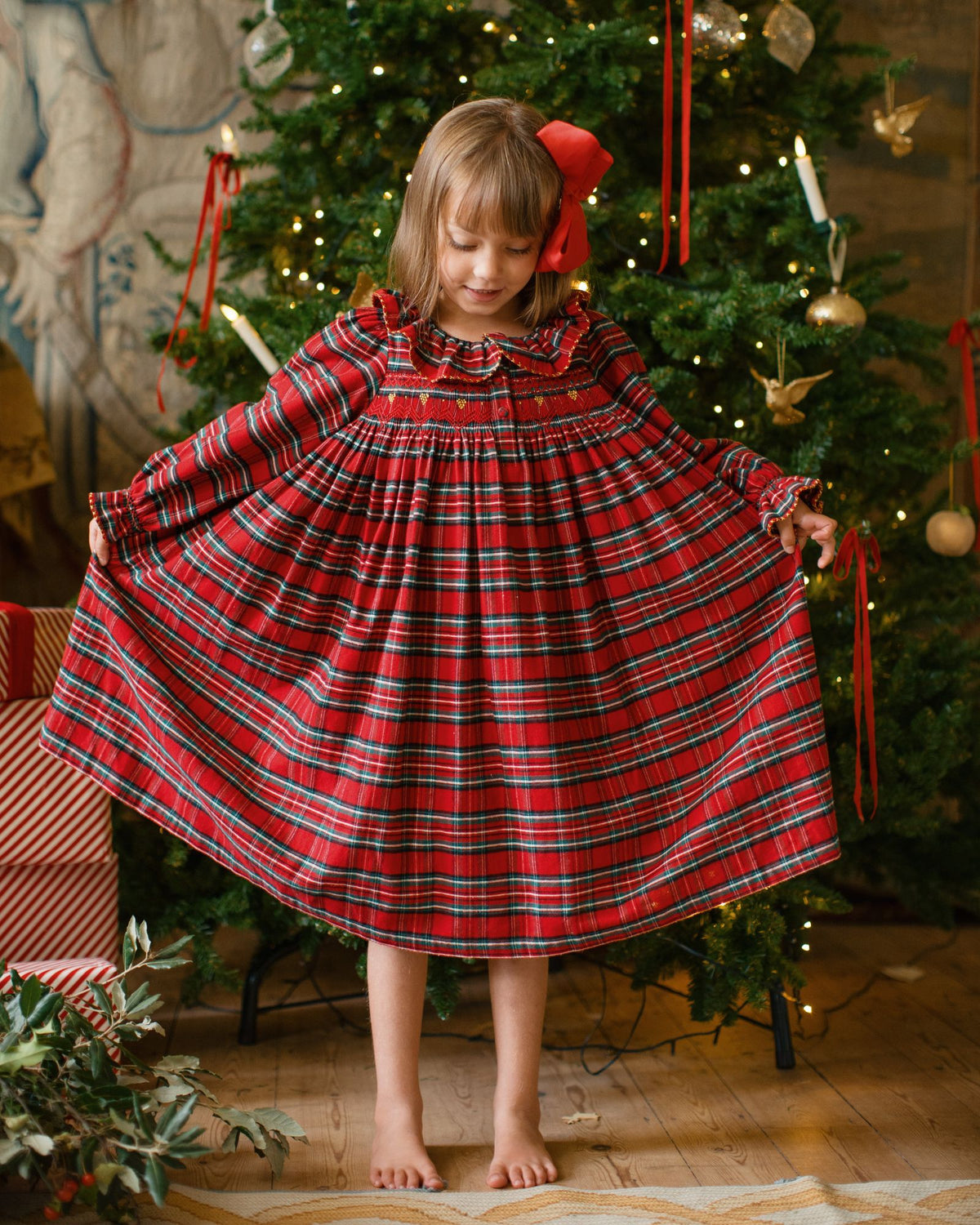 Nightingale Girl's Dress Scott Tartan with Hearts of Gold Hand Smocking