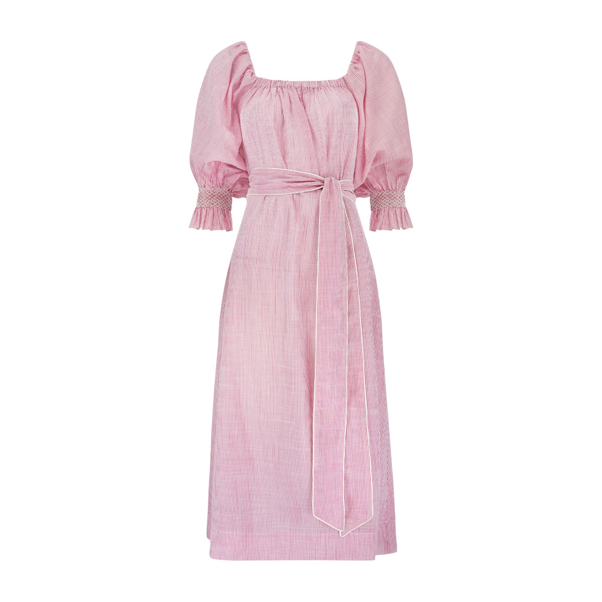 S/M Mulan Dress Cherry Stripe with Chantilly Hand Smocking