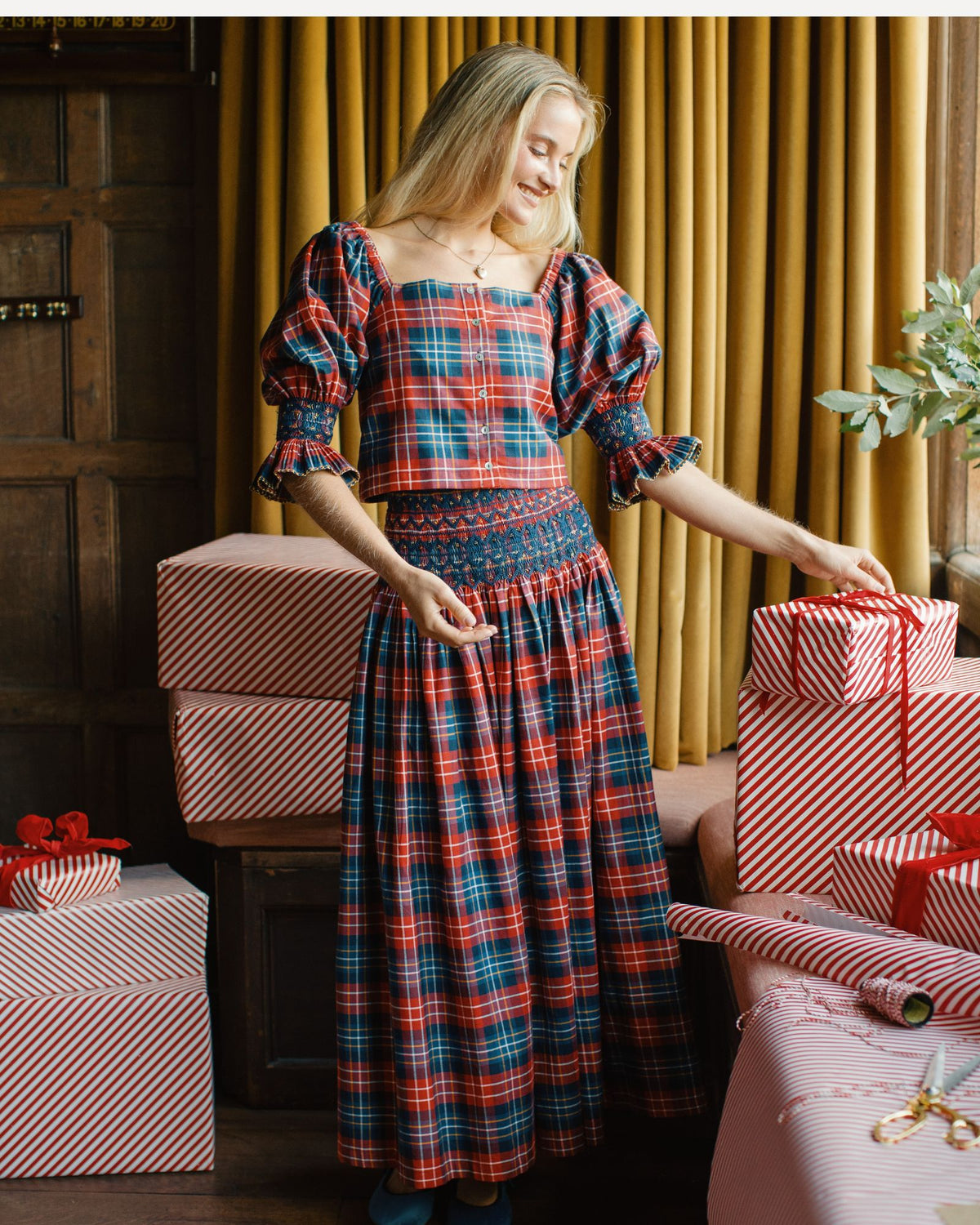 Sullivan Skirt Wallace Tartan with Midnight Sparkle Hand Smocking