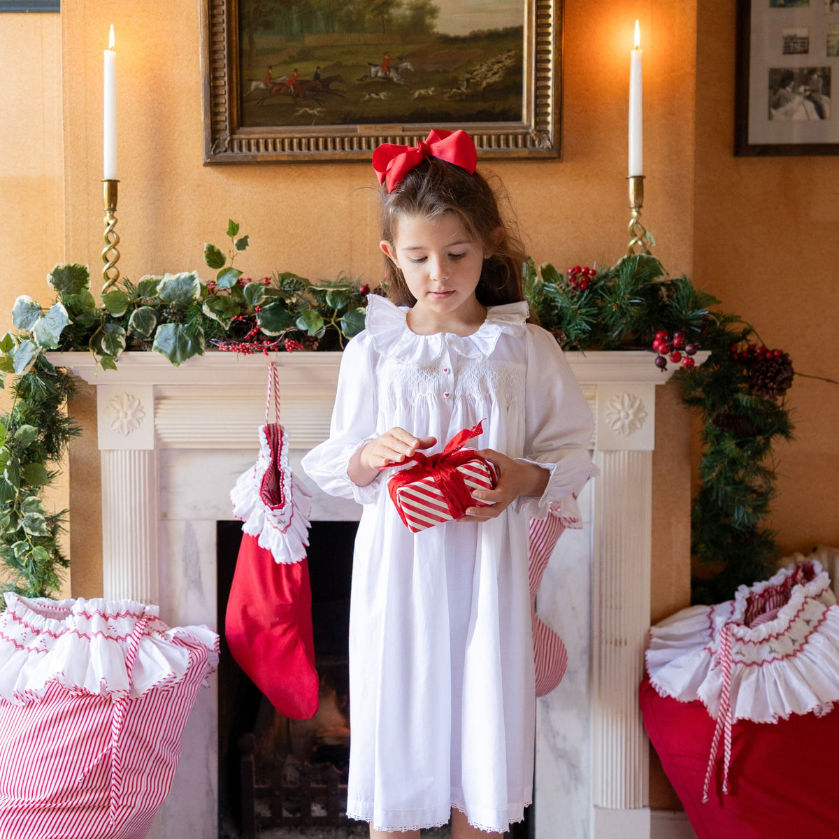 3-4 & 4-6y Nightingale Girl's Dress Moonstone Cotton with Lattice Smocking and Embroidered Heart Buttons