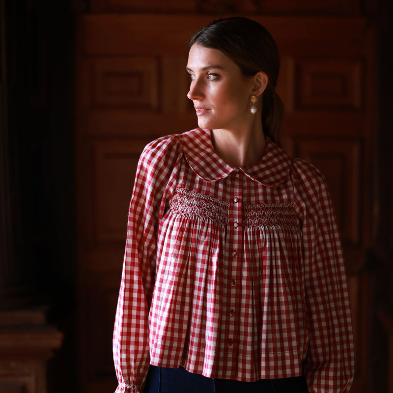 Marie Curie Blouse Cranberry Check with Snow Berry Hand Smocking