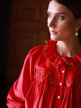 Betsy Fry Blouse Crimson Needlecord with Gold Coin Hand Smocking