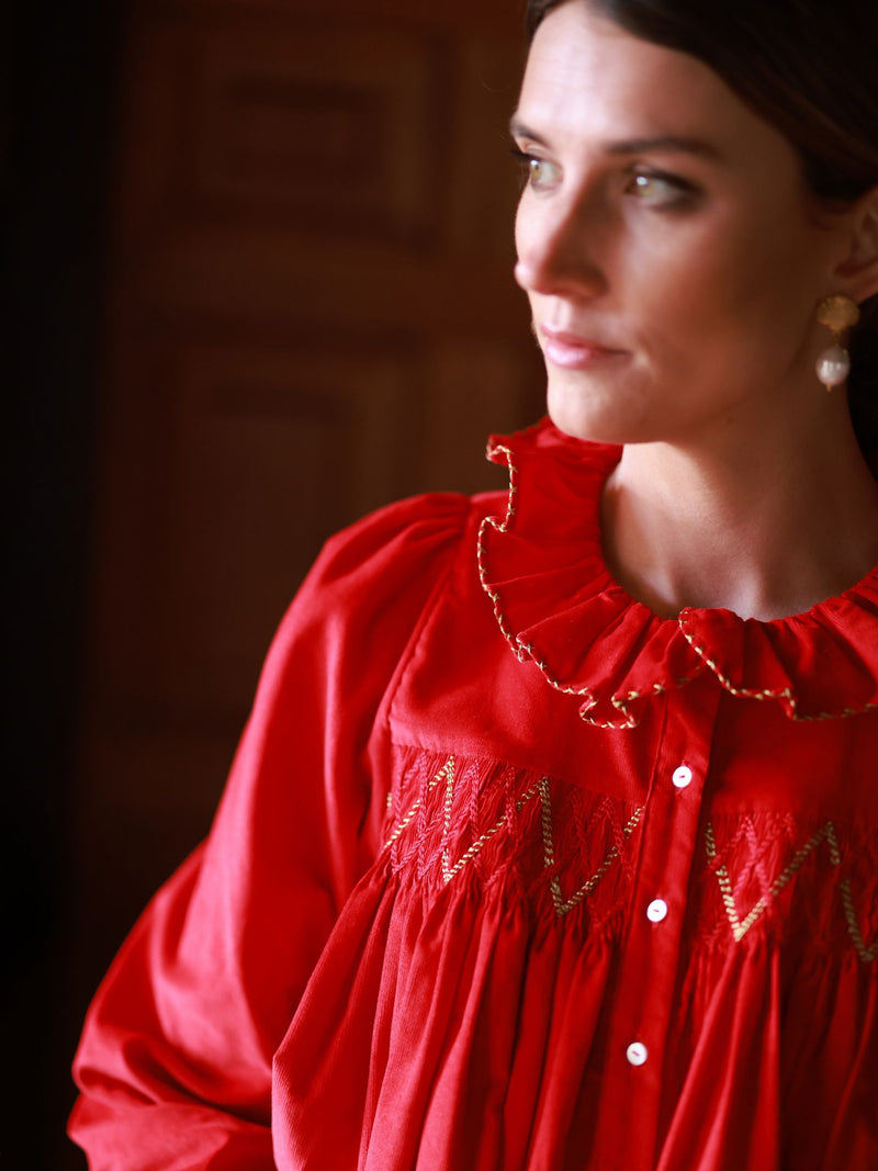 Betsy Fry Blouse Crimson Needlecord with Gold Coin Hand Smocking