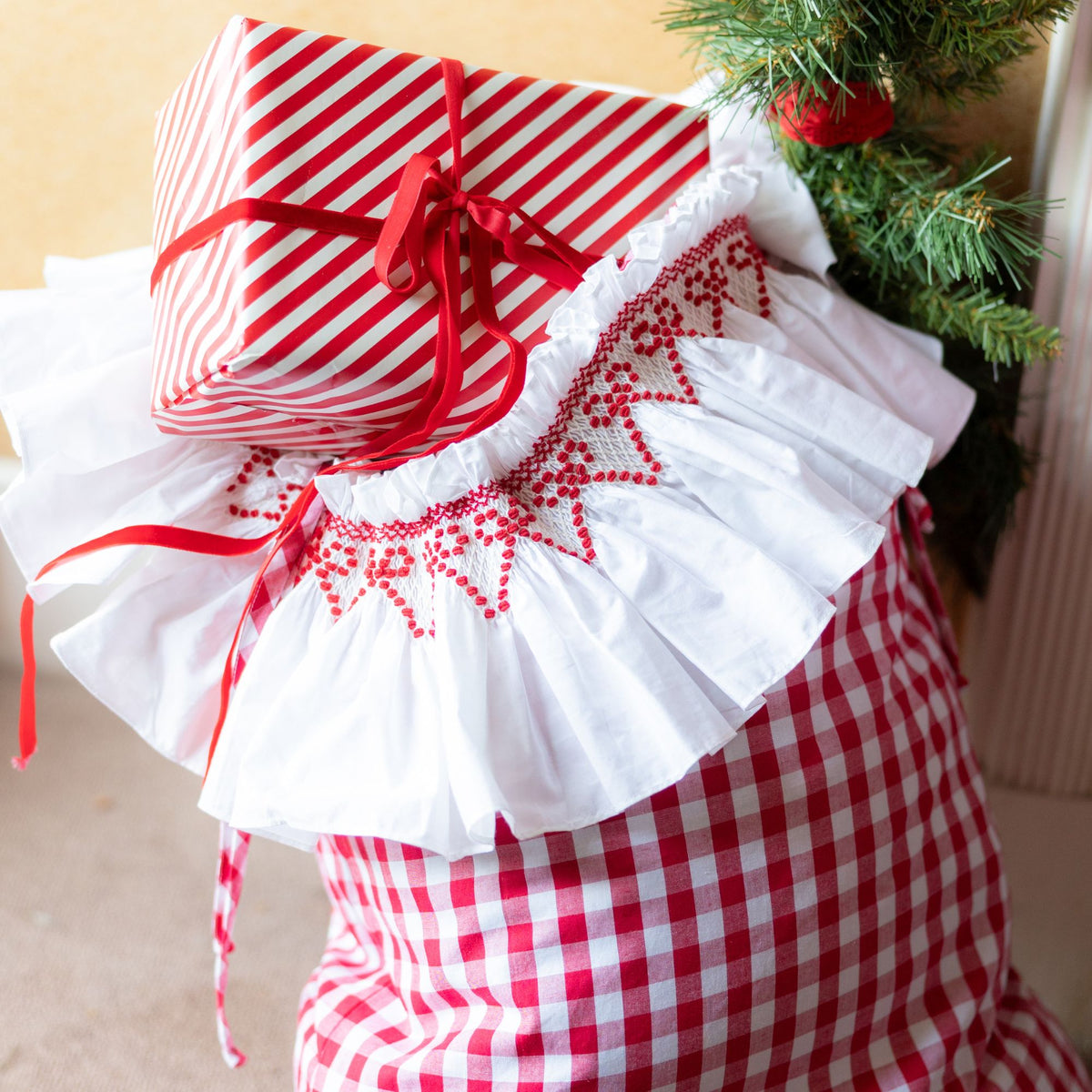 Edit58 x Smock London Red Gingham Sack with Crimson Ribbon Hand Smocking