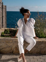 Scholl Women's Summer Blouse White with Sapphire Hand Smocking