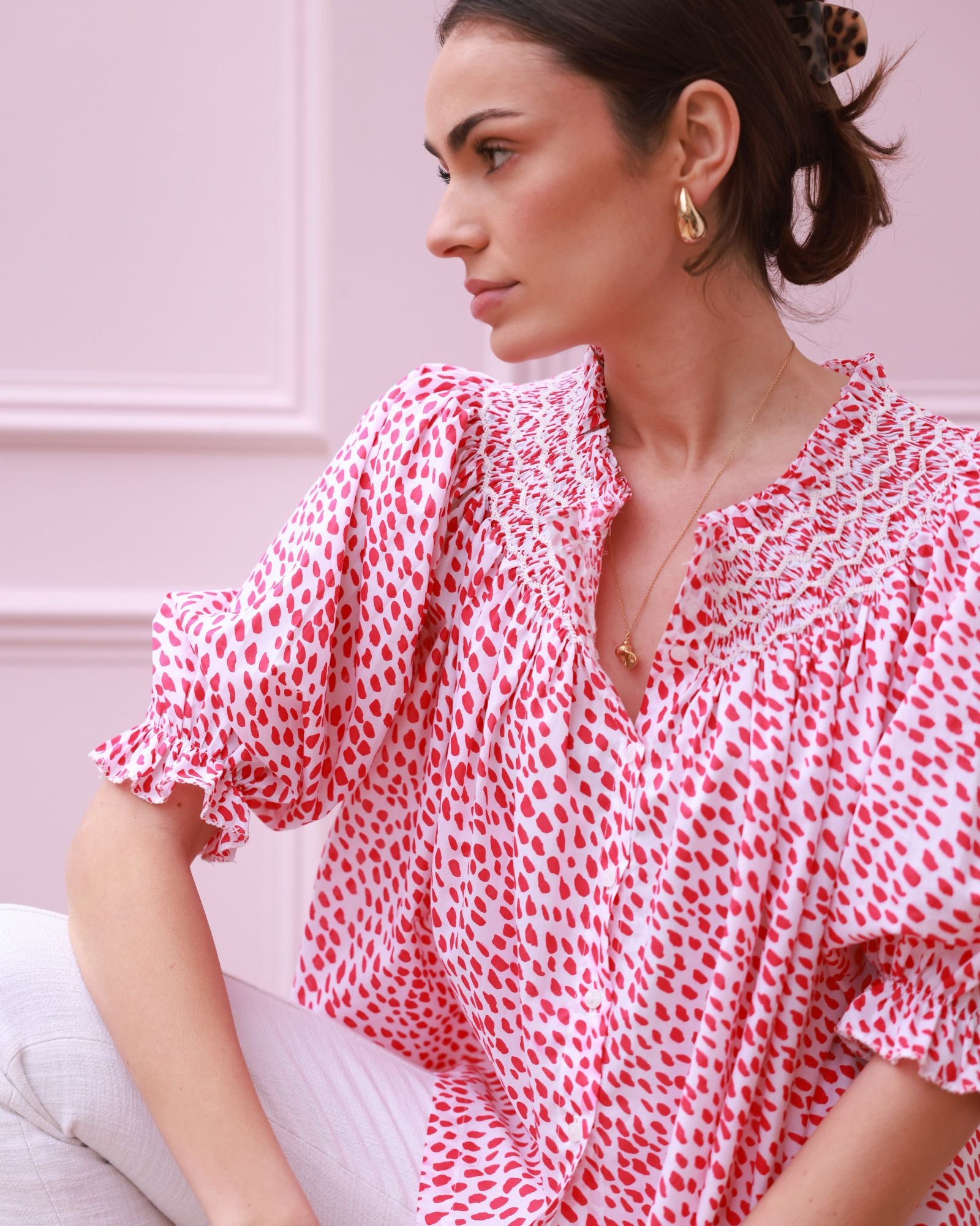 Cleopatra Blouse Pink Panther Cotton with Milkshake Hand Smocking Edition 36