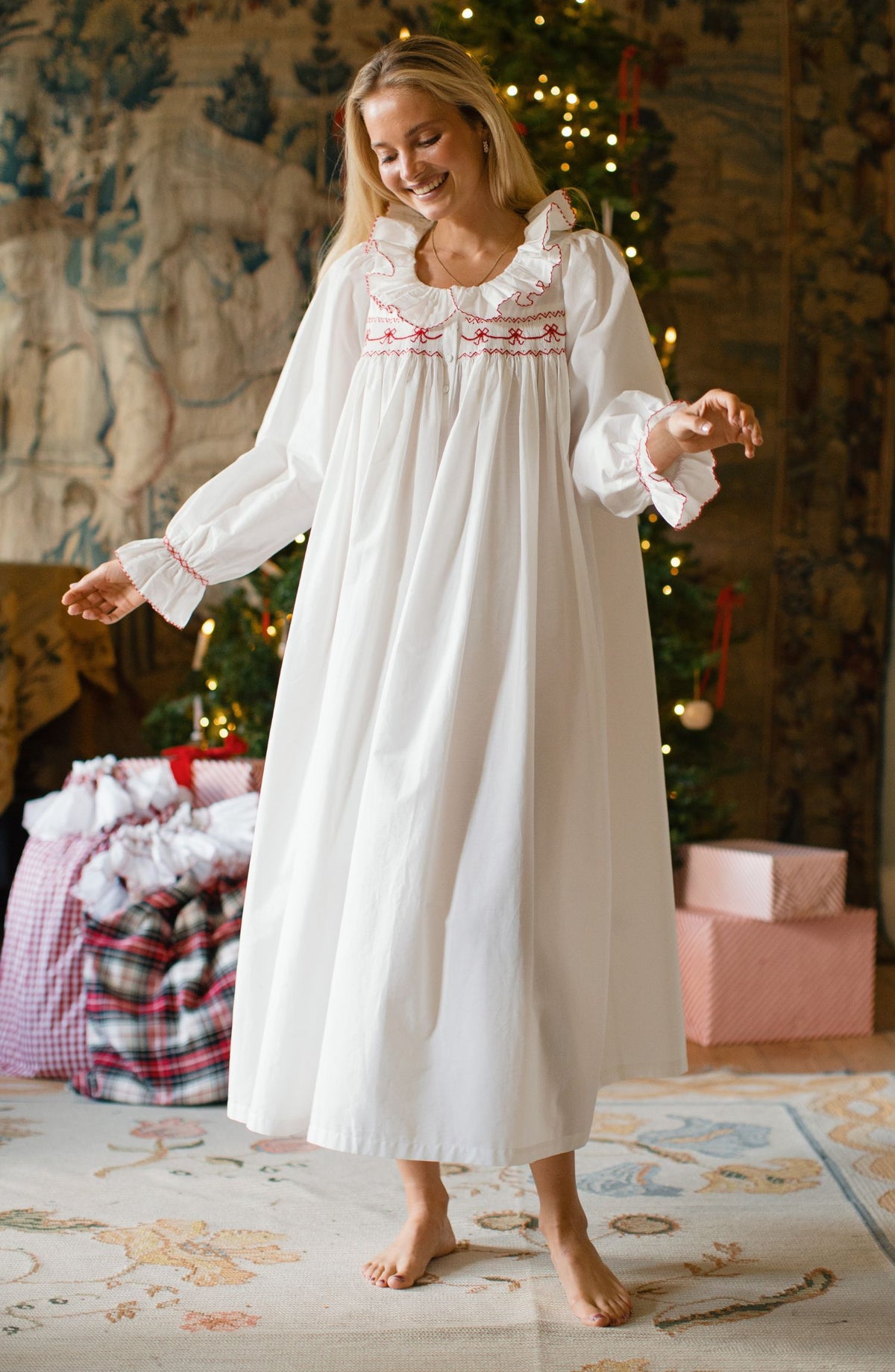 Nightingale Women's Dress Moonstone with Scarlet Bows Hand Smocking