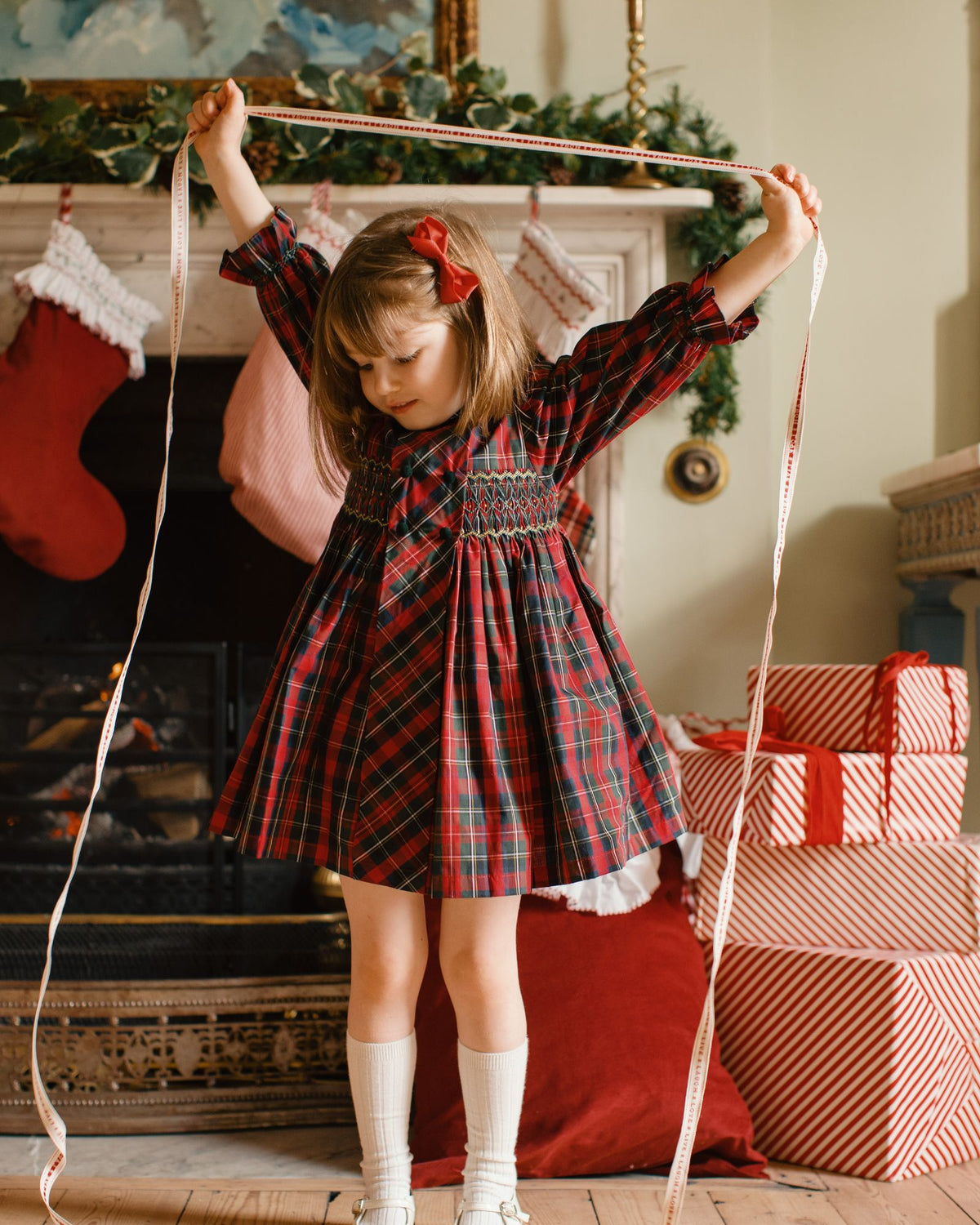 Thatcher Dress McDonald Tartan with Green and Glitter Hand Smocking