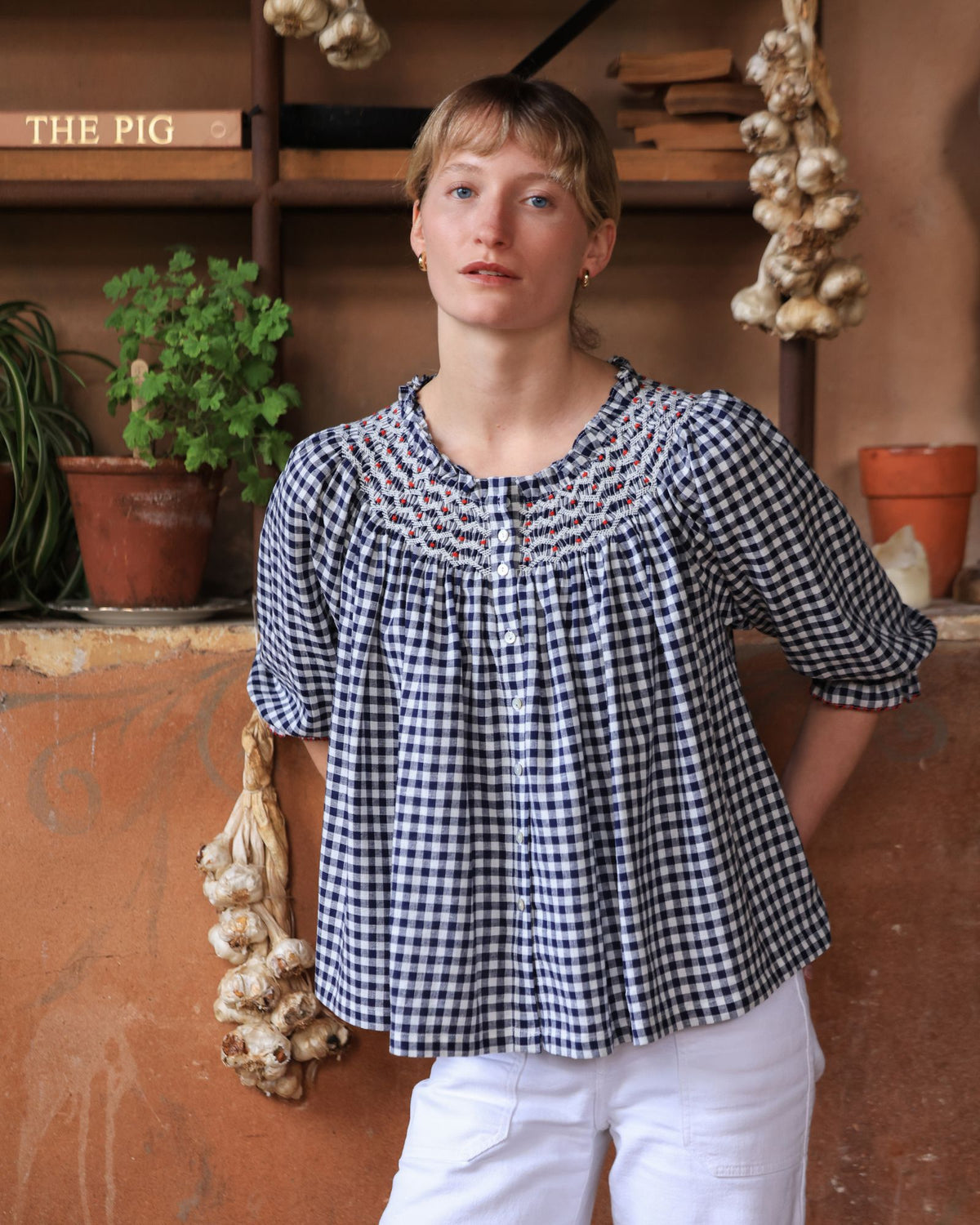 Cleopatra Blouse Navy Gingham with Red Hot Poker Hand Smocking Edition 54