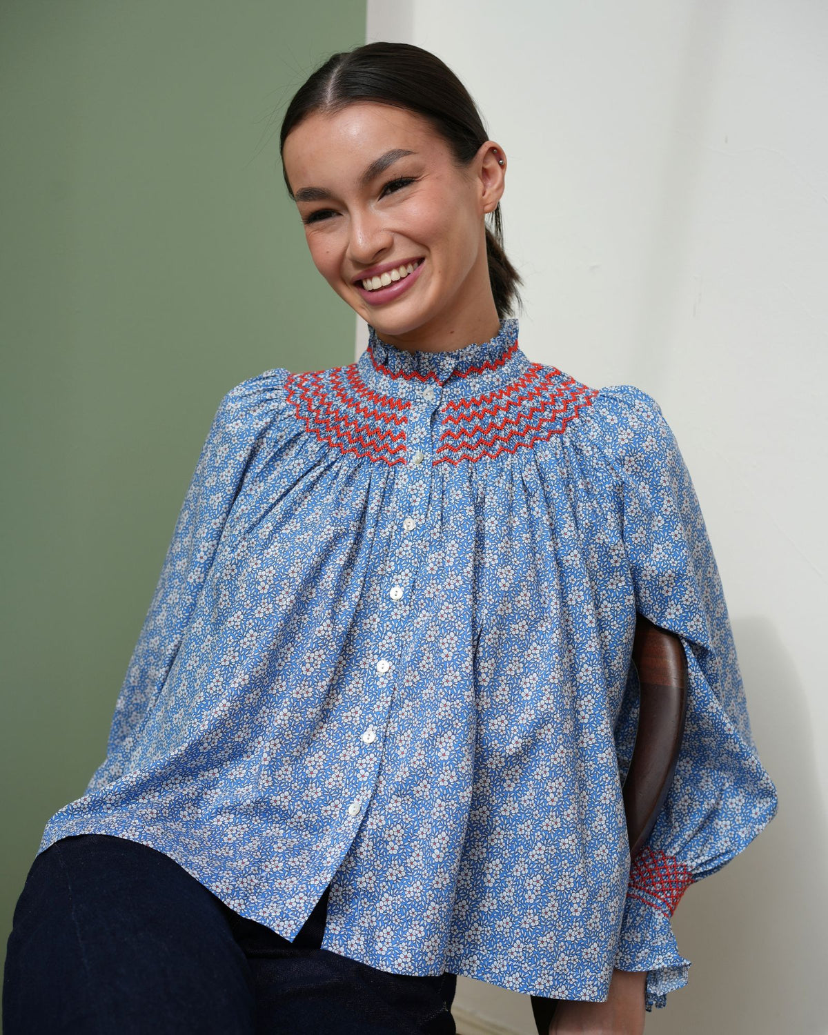 Scholl Blouse Royal Blue Daisy Cotton Lawn with Poppy Hand Smocking Edition 77