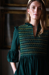 Emmeline Pankhurst Women's Dress Pine Tree Needlecord with Nordic Sparkle Hand Smocking