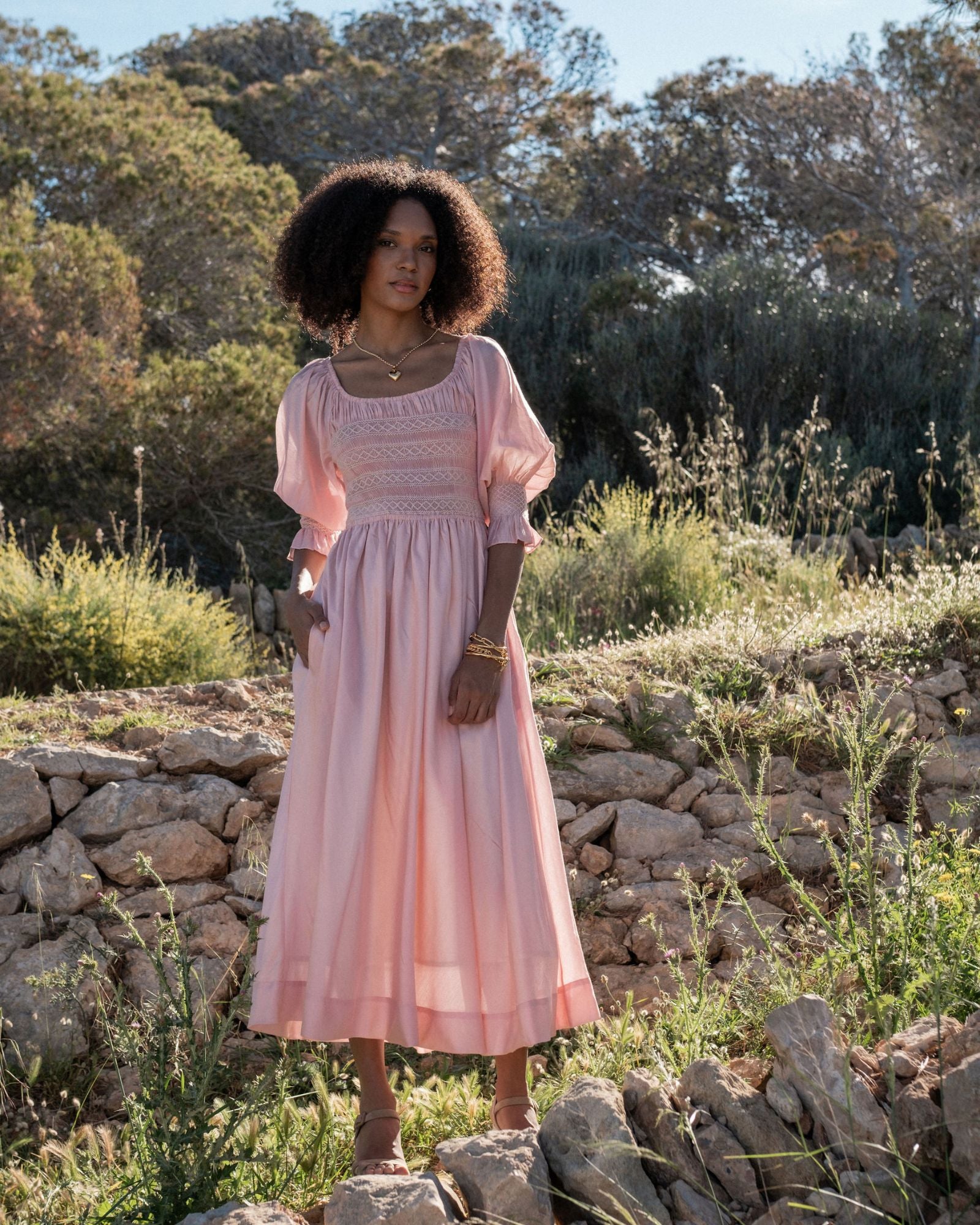 My Mulberry House x Smock London Liesl Dress Peony Pink Silk Cotton with Ivory Hand Smocking